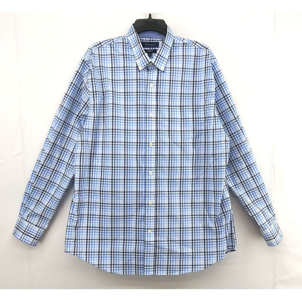 Crown & Ivy Dress Shirt Men Size L Blue Plaid Classic Fit Long Sleeve Button Up